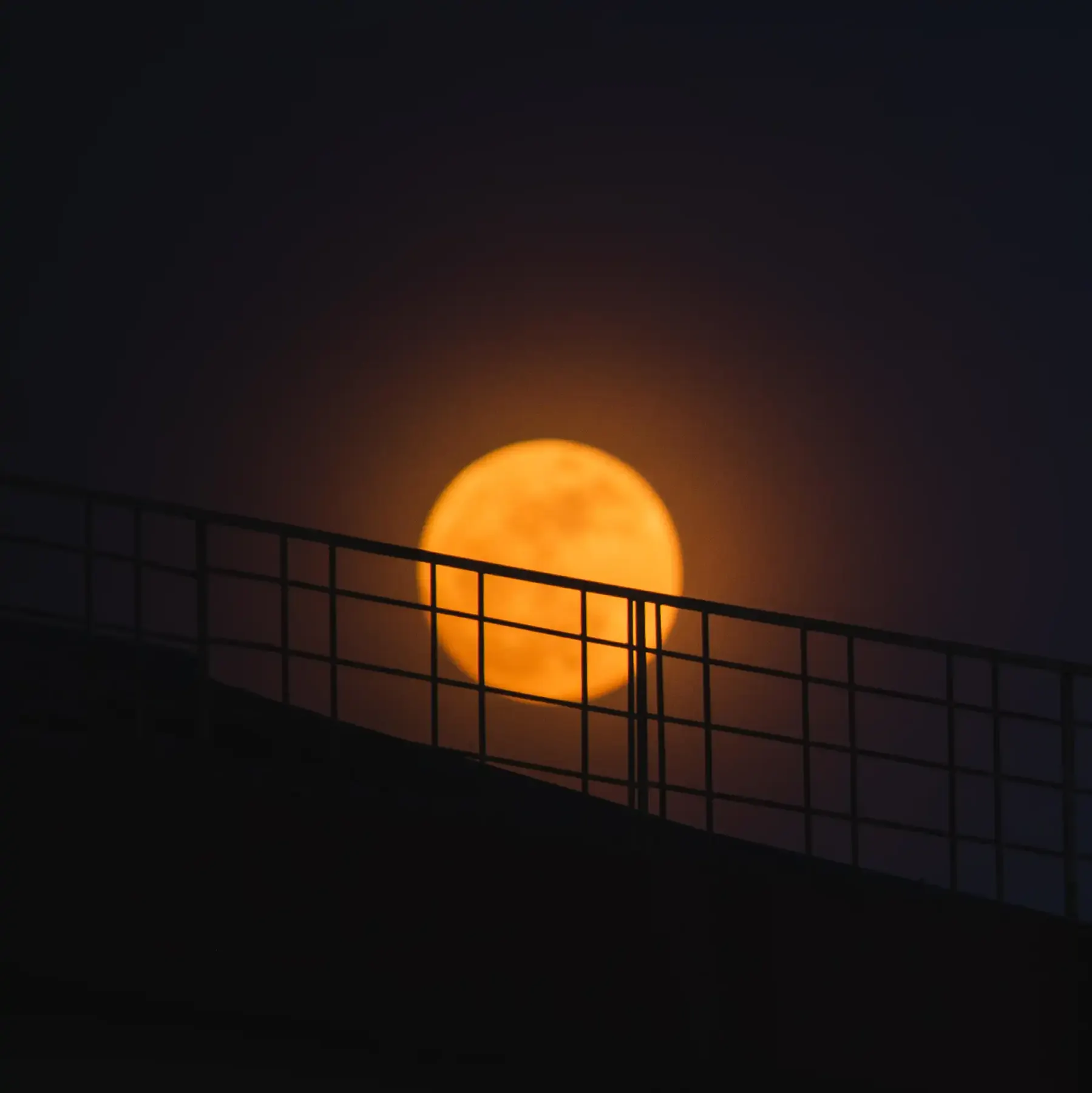 A golden full moon rising behind a railing