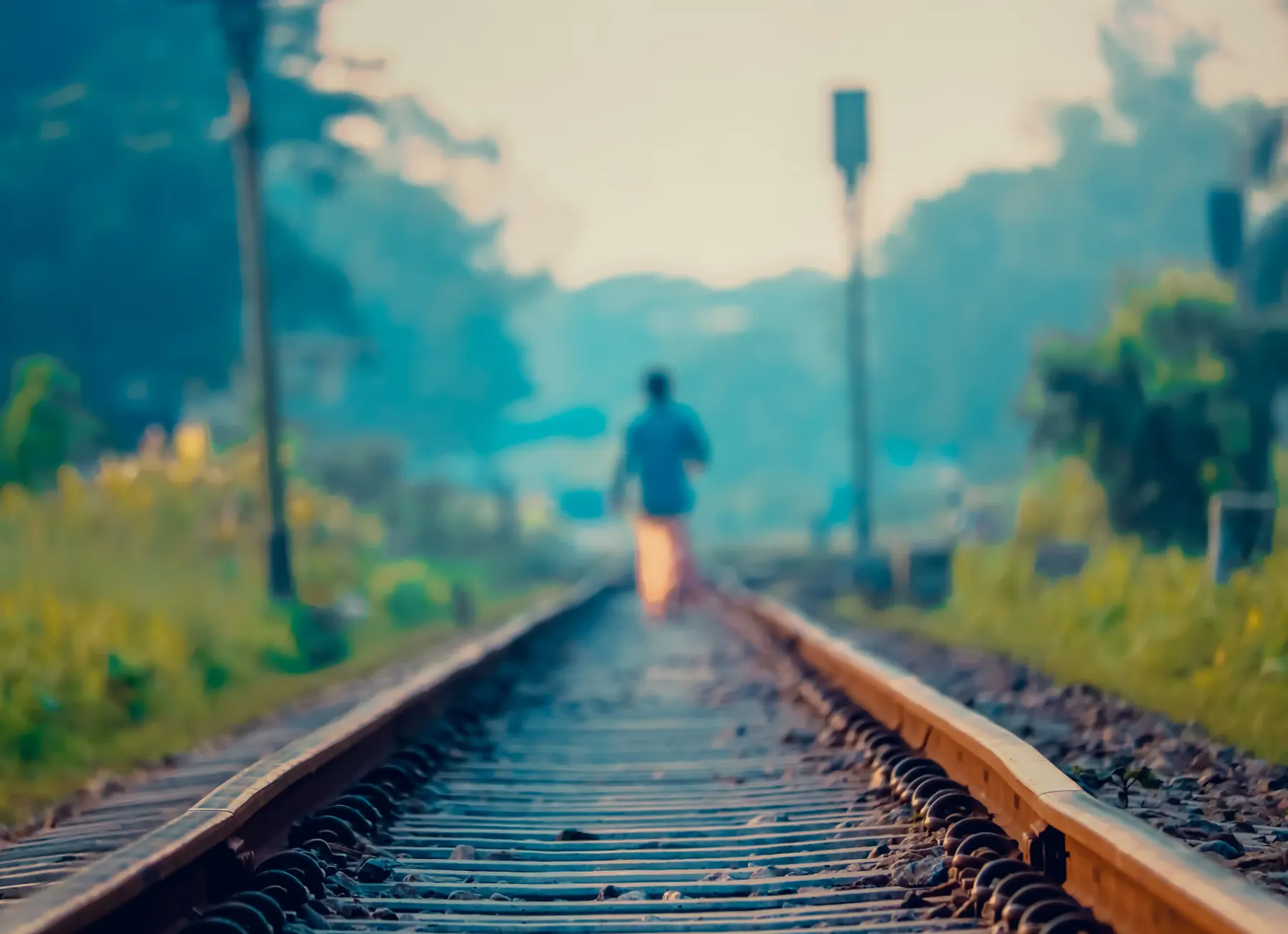A person walking down railway tracks into the mist